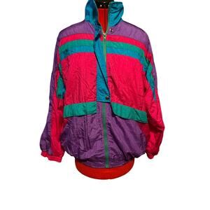 Vintage Natural Issue Women's Large Bright Retro 90s Windbreaker Jacket Zip Up